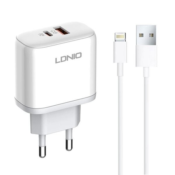 LDNIO A2526C 45W QC4.0 Dual USB-A/USB-C punjač beli + lightning kabl